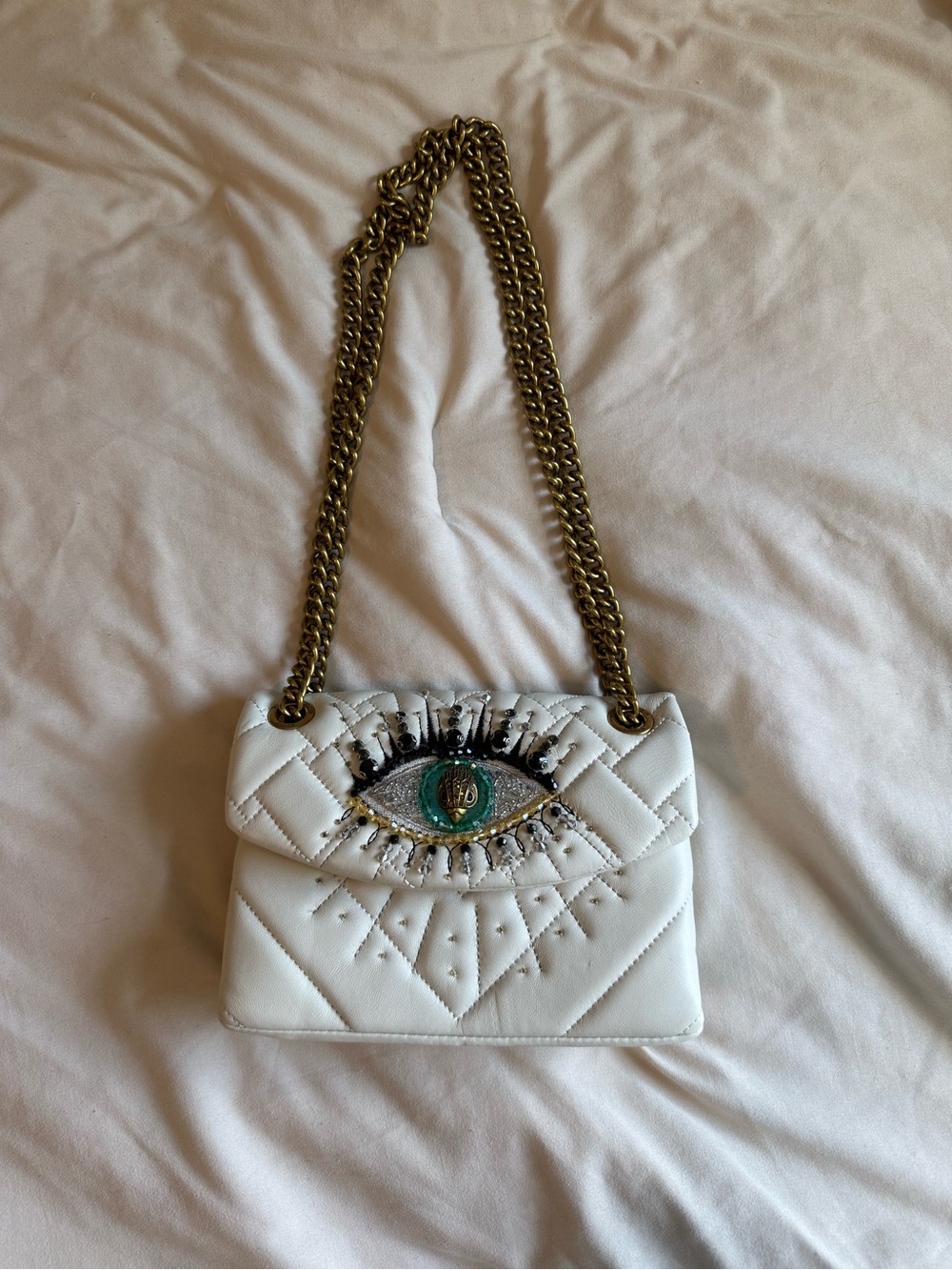 Kurt Geiger White Quilted Eye-Embellished Crossbody Bag
